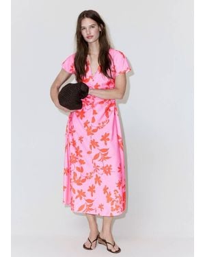 Mango Side Ruched Floral Dress - Pink
