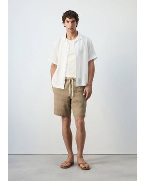 Mango Linen Blend Checked Bermuda Shorts - White