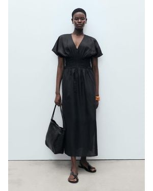 Mango Long Linen Dress With Gathered Panel - Black
