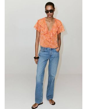 Mango Ruffles Printed Blouse - Blue