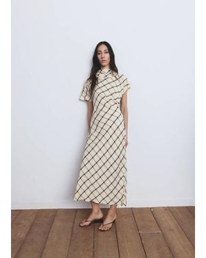 Mango Check Dress With Draped Collar - White