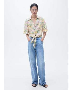 Mango Floral Linen Shirt With Knot Detail - Blue