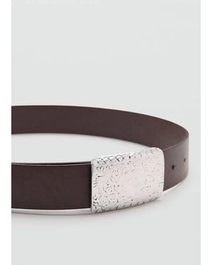 Mango Engraved Buckle Leather Belt - Brown