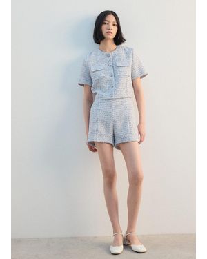 Mango Short-Sleeve Tweed Crop Top - Blue