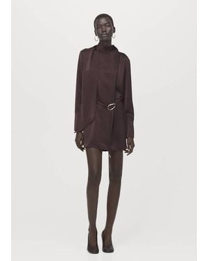 Mango Satin Dress With Foulard - Brown