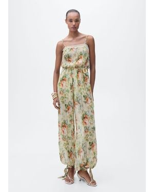 Mango Long Floral Jumpsuit With Puffed Hem - Metallic