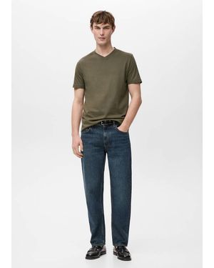 Mango 100% Cotton Slim-Fit V-Neck T-Shirt - Blue