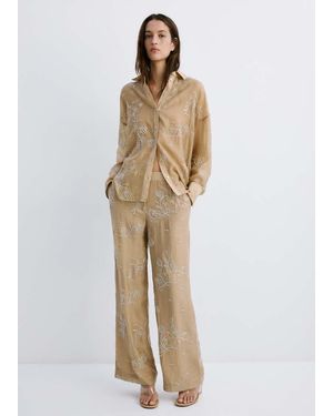 Mango Embroidered Lyocell Trousers - Natural