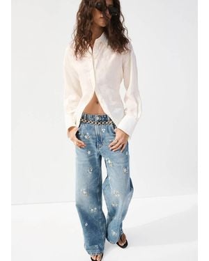 Mango Flower-Embroidered Straight-Fit Jeans - Blue