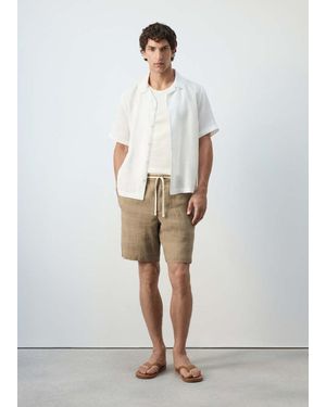 Mango Linen Blend Checked Bermuda Shorts - White