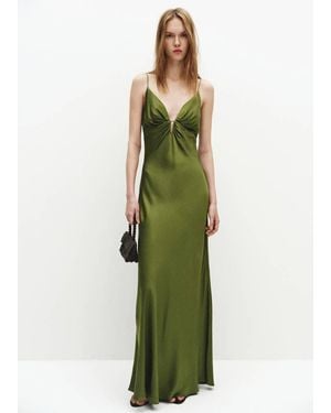 Mango Satin Dress With Gathered V-Neckline - Green