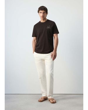 Mango Cotton T-Shirt With Embroidered Motif - Brown