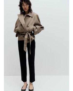 Mango Short Checked Trench Coat With Belt - Natural