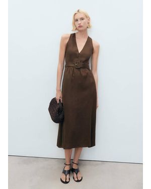 Mango Belt Linen Dress - Brown