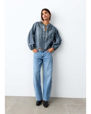 MANGO TEEN Embroidered Blouse With Bow - Blue