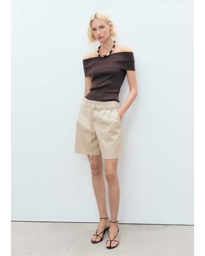 Mango Linen Shorts With Bow Belt - White