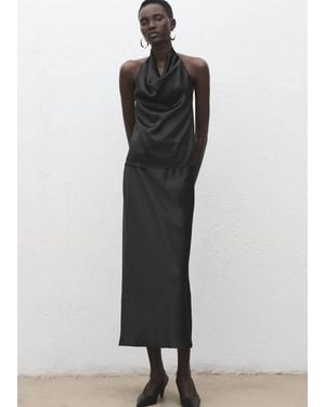 Mango Draped Neck Satin Top - Black