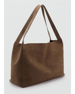 Mango Suede Leather Shopper Bag - Brown