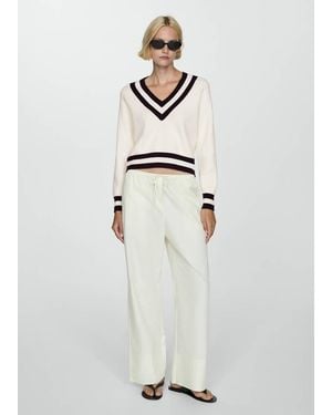 Mango Contrasting V-Neck Sweater Ecru - White
