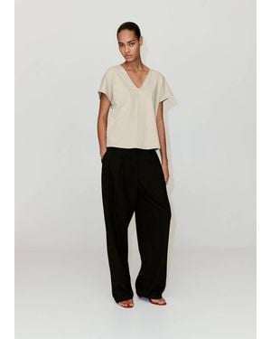 Mango T-Shirt Coton Col En V Gris Clair/Pastel - Blanc