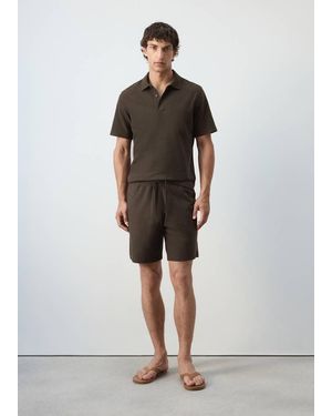 Mango Textured Cotton Blend Polo - Brown