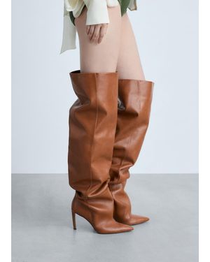 Mango High Leather Boot With Ruffled Detail Tobacco - White