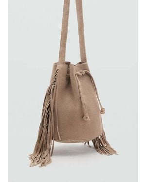 MANGO TEEN Fringed Leather Bucket Bag - Natural