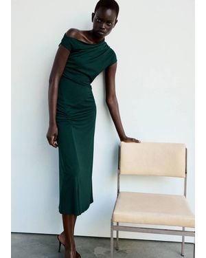 Mango Robe Asymétrique Froncée Vert Foncé - Blanc