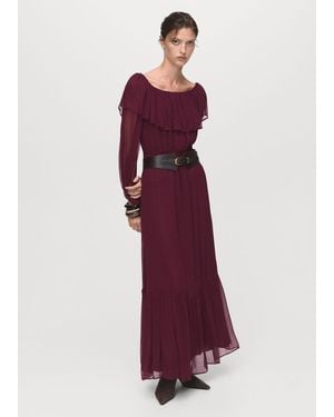 Mango Strapless Dress With Ruffles Burgundy - Purple