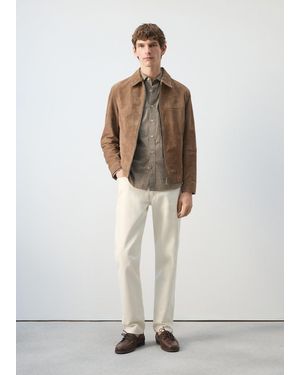 Mango Suede Leather Jacket With Zipper Fastening - White