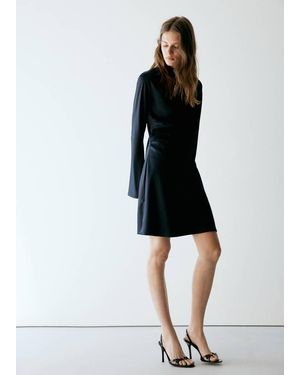 Mango Robe Satinée Drapée Bleu Marine - Noir