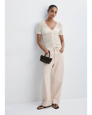 Mango Short-Sleeve Openwork Knit Cardigan - White