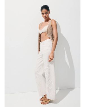 Mango Wide Leg Jeans With Floral Embroidery - White