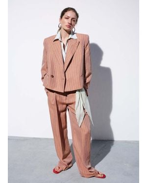 Mango Linen Cropped Striped Blazer - Pink
