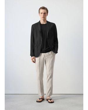 Mango Striped Slim-Fit Linen Trousers - Black