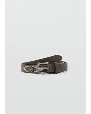 MANGO TEEN Leather Belt With Embroidered Details - Grey