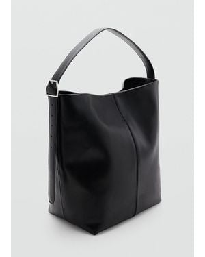 Mango Large Leather Bucket Bag - Black
