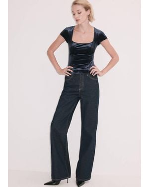 Mango Top En Velours À Col Rond Bleu Marine