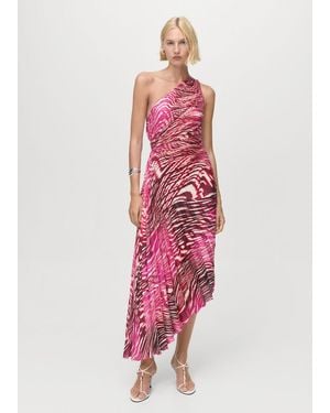 Mango Vestito Asimmetrico Plissettato Spacco Fucsia - Bianco