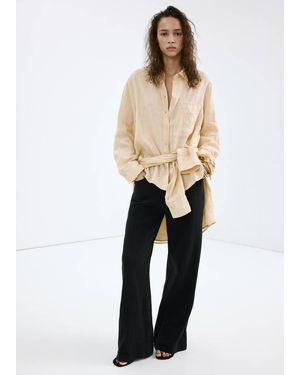 Mango Straight-Leg Crinkle Trousers With A Mid-Rise - Natural