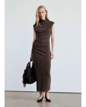 Mango Ruched Side Knitted Dress - Brown