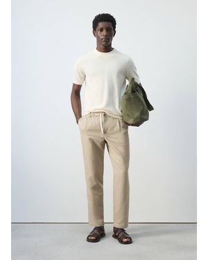 Mango Slim Fit Cropped Linen-Cotton Trousers - Natural
