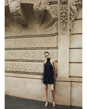 Mango Halter Dress With Feather Decoration - Natural