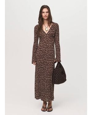 Mango Printed V-Neck Dress - Brown