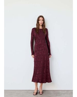 Mango Robe Jacquard Floral Manches Cloche Bordeaux - Rouge