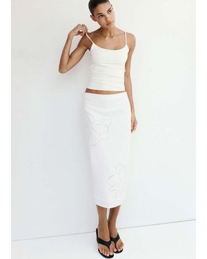 Mango Linen Skirt With Floral Embroidery - White
