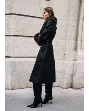 Mango Faux-Leather Coat With Fur-Effect Trim - Black