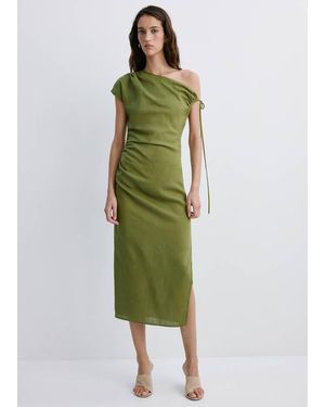 Mango Asymmetric Side Ruched Dress - Green