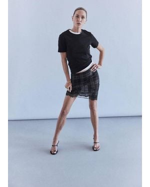 Mango Linen Blend Checked Skirt - Black
