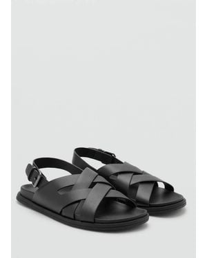 Mango Cross-Strap Leather Sandals - Black